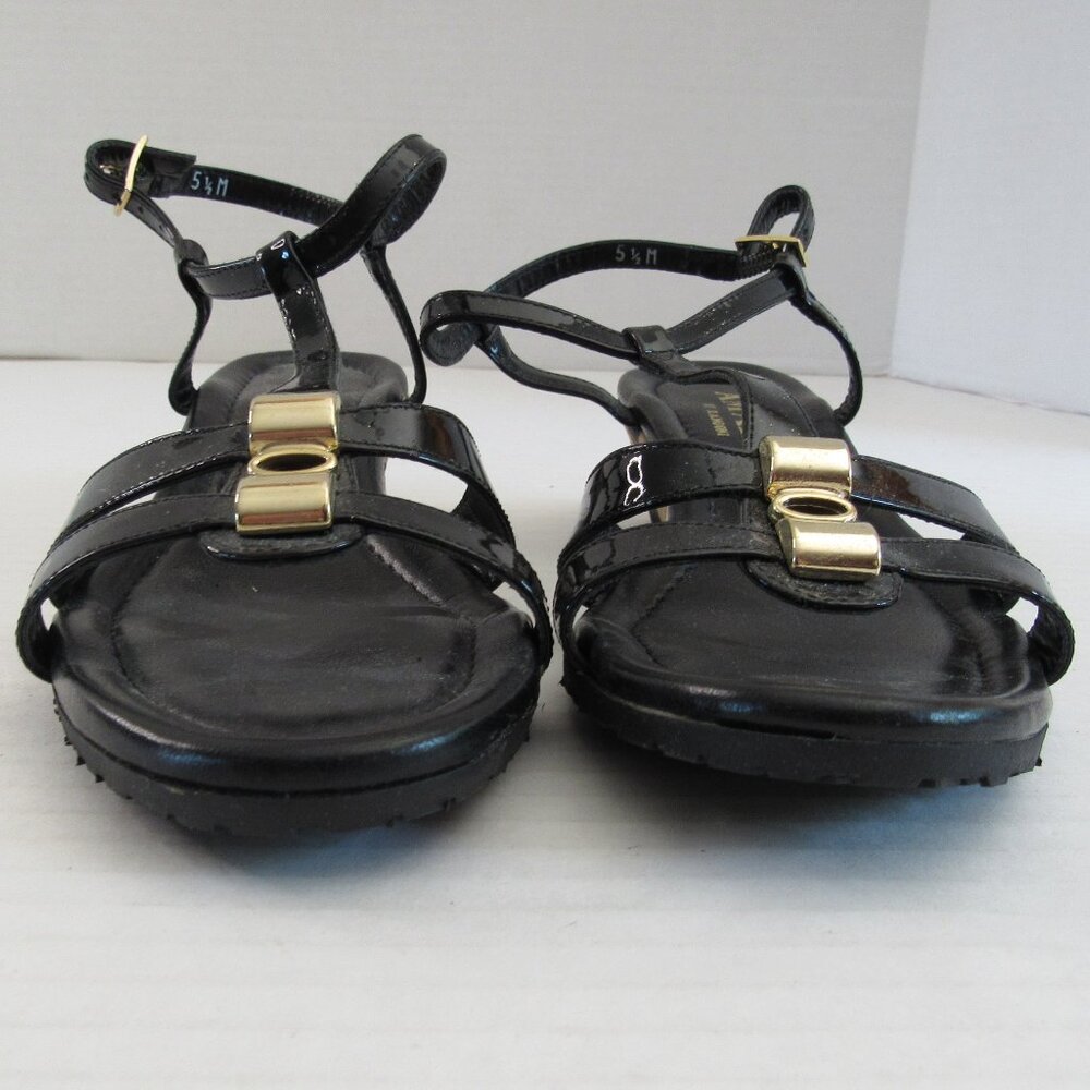 Amalfi Black T Strap Gold Animal Print Cork Wedge Heeled Sandal Size 5 1/2 M - Picture 2 of 8